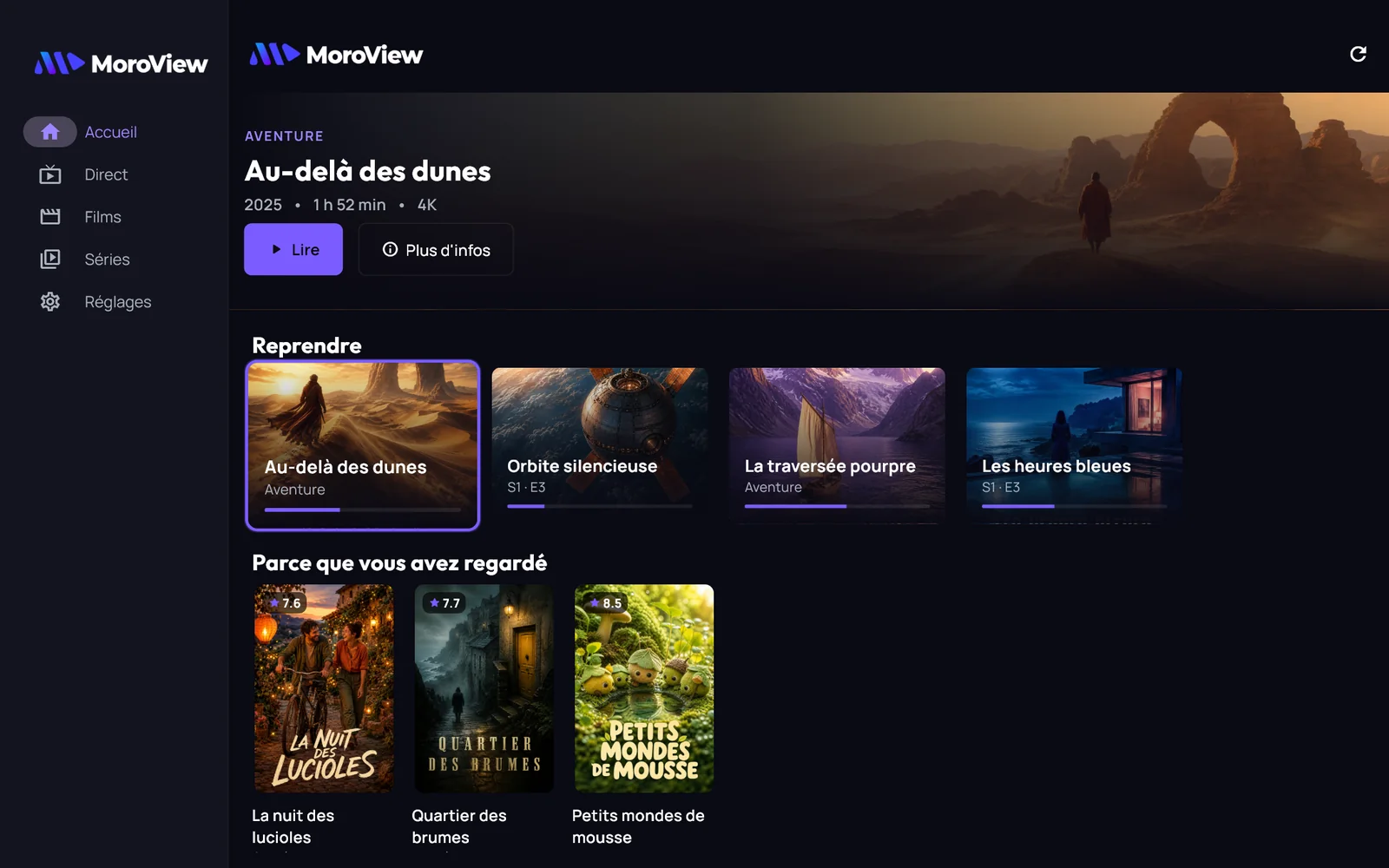 MoroView sur ordinateur : le même accueil, avec le rail de navigation