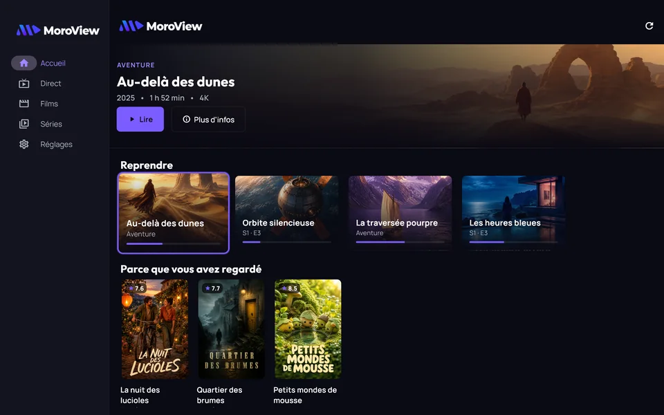 Interface MoroView sur ordinateur, avec des données fictives de démonstration