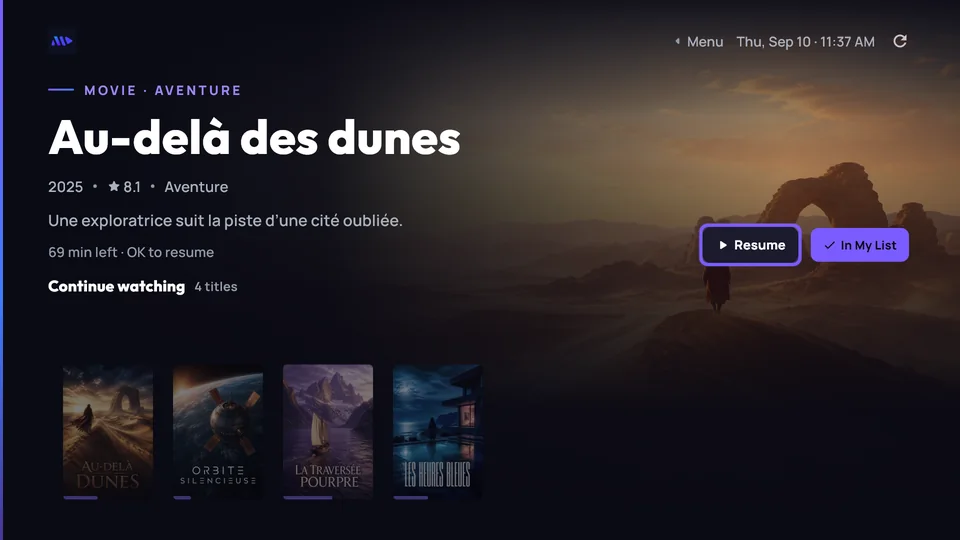 MoroView TV interface with a fictional catalogue