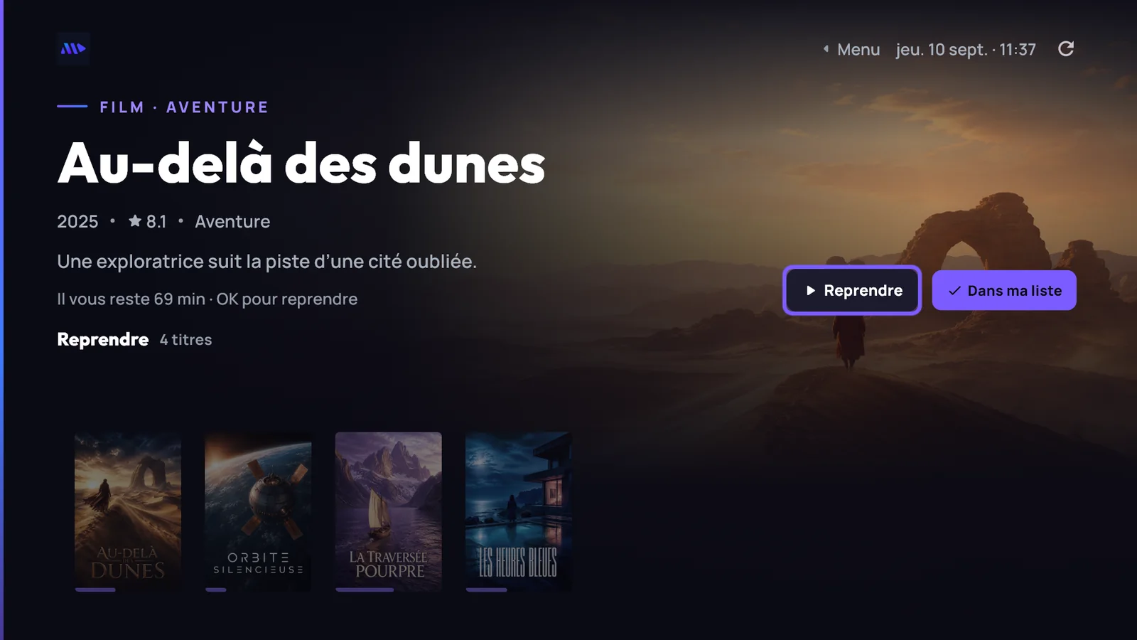 Écran d’accueil réel de MoroView sur téléviseur : le titre mis en avant, ses actions, et une rangée d’affiches en dessous