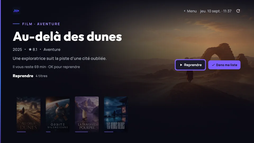 Interface TV MoroView avec un catalogue fictif